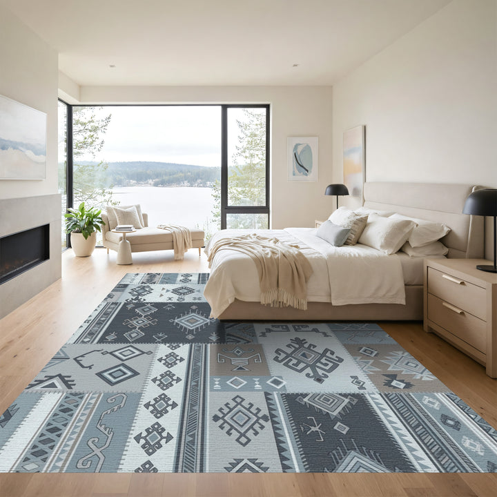 Patchwork Dusty Blue Geometric Tribal Rug