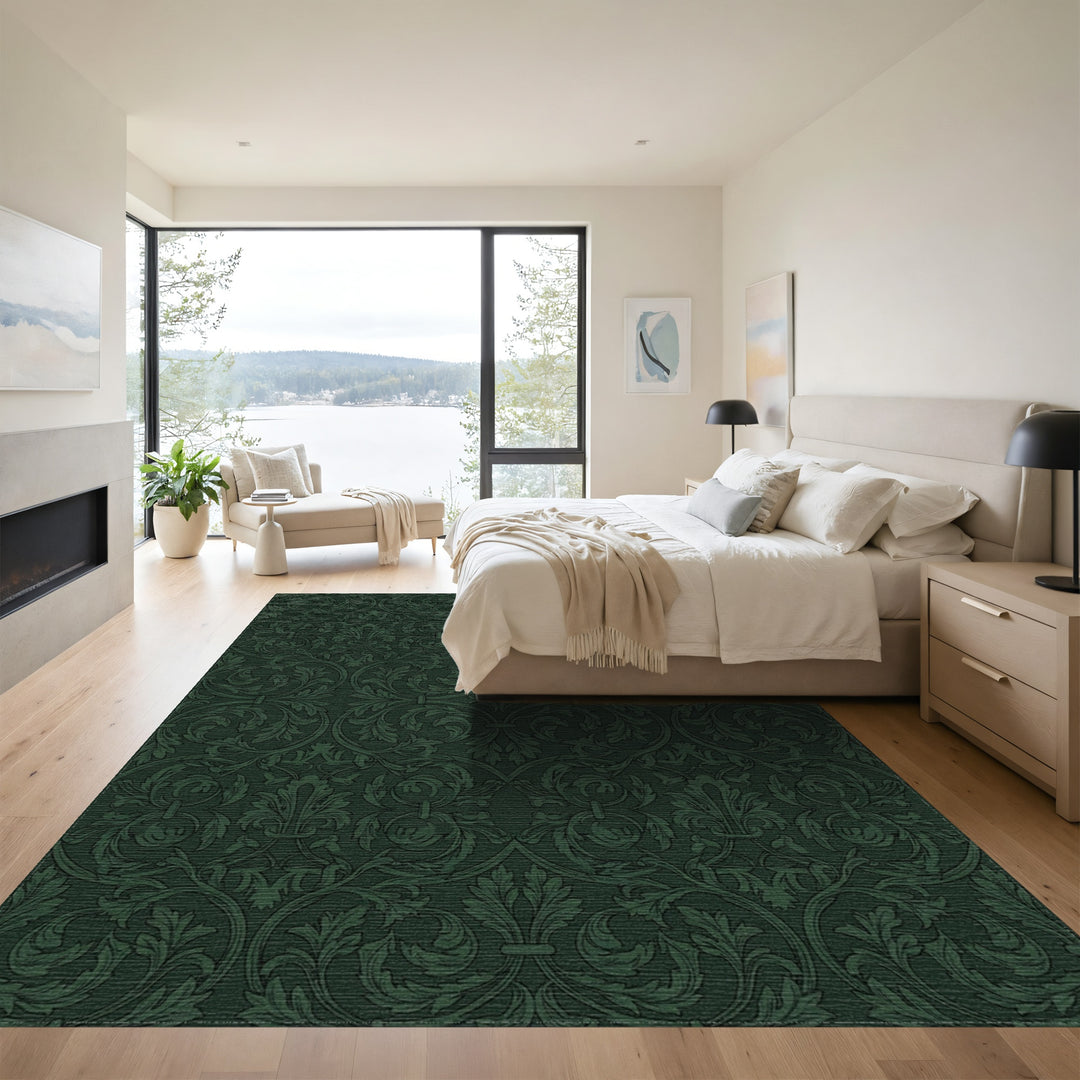 Rich Forest Green Damask Scroll Rug