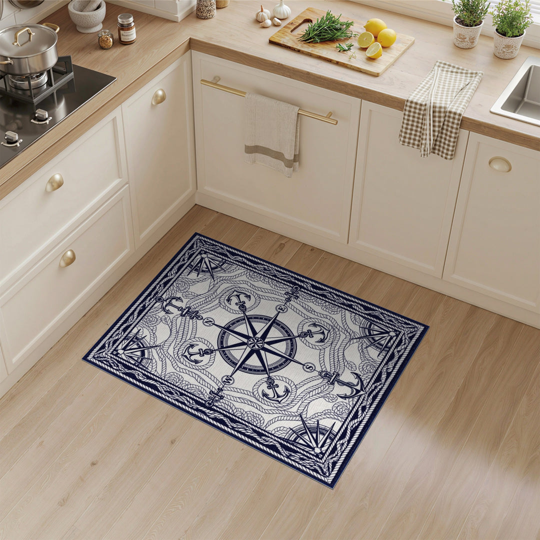Coastal Beach Nautical Compass Anchor Area Rug