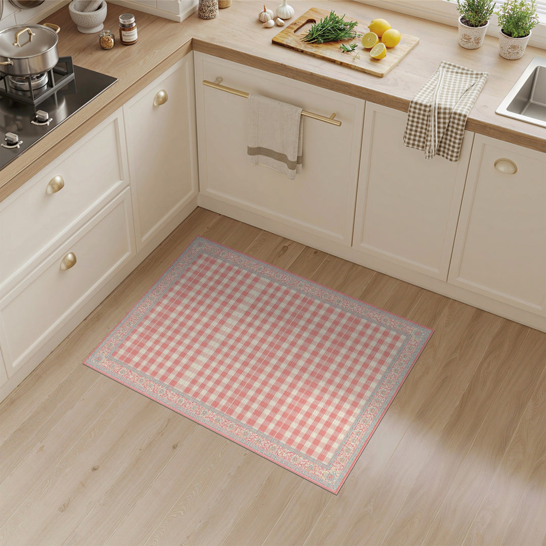Pink Gingham Floral Border Area Rug