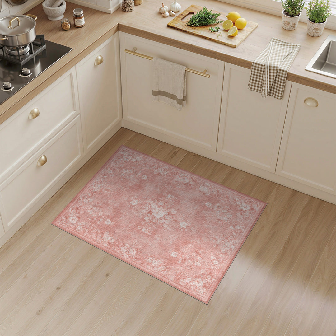 Pink Floral Vintage Washable Area Rug