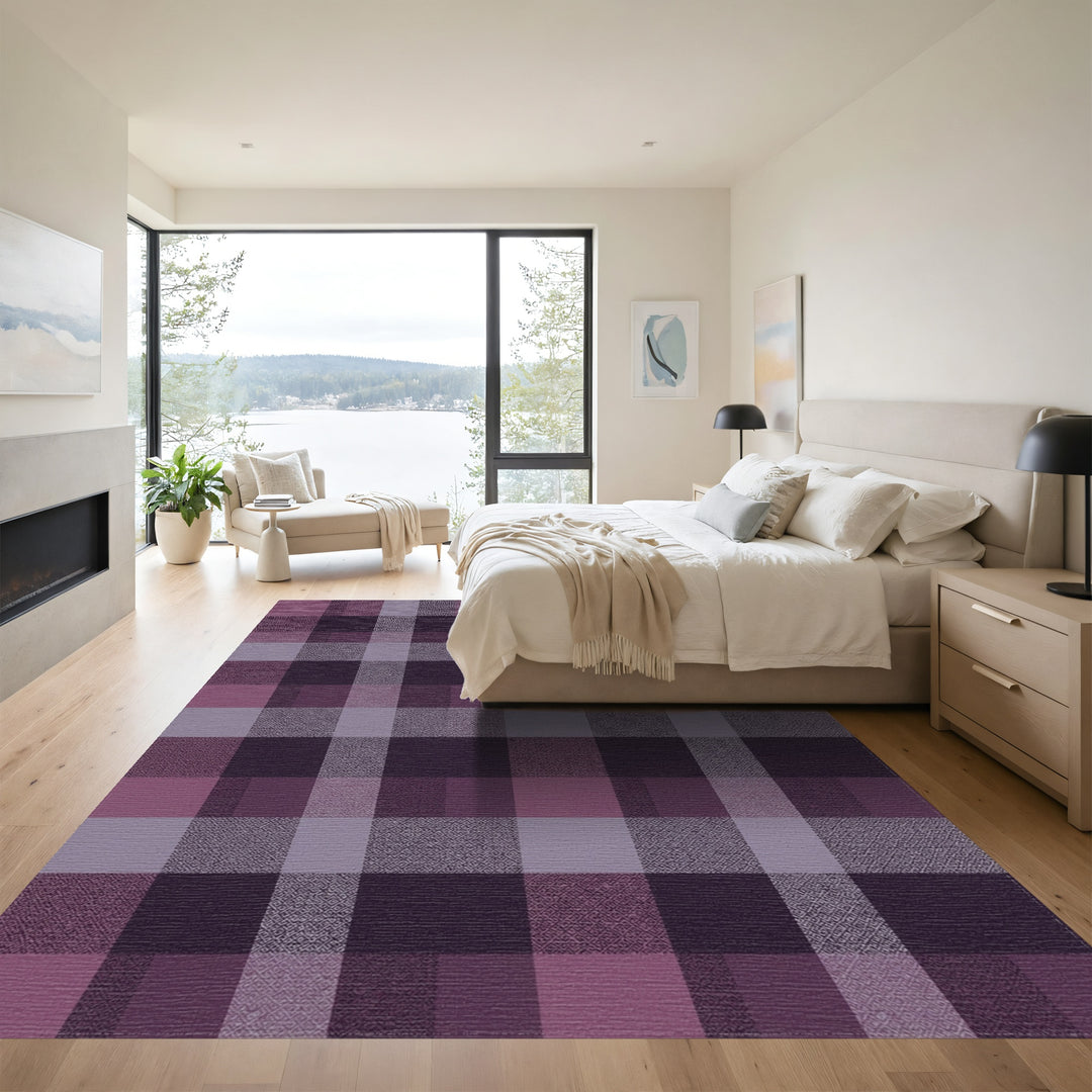 Plum Plaid Textured Geometric Squares Rug