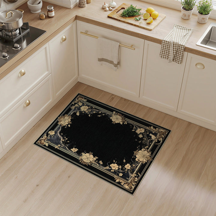 Black Floral Vintage Area Rug with Gold Border