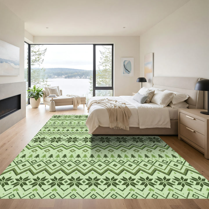 Forest Green Nordic Snowflake Stripe Rug