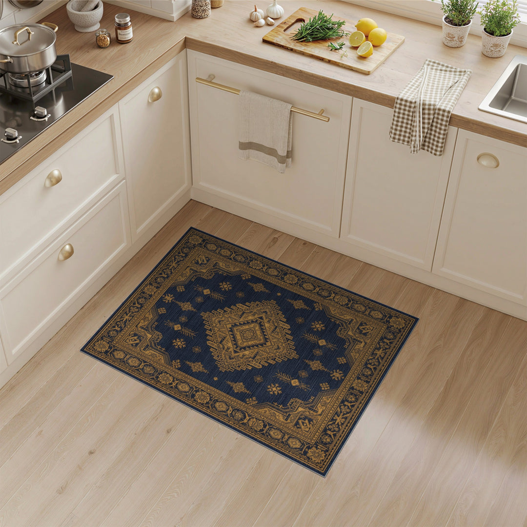 Blue Gold Tribal Medallion Area Rug
