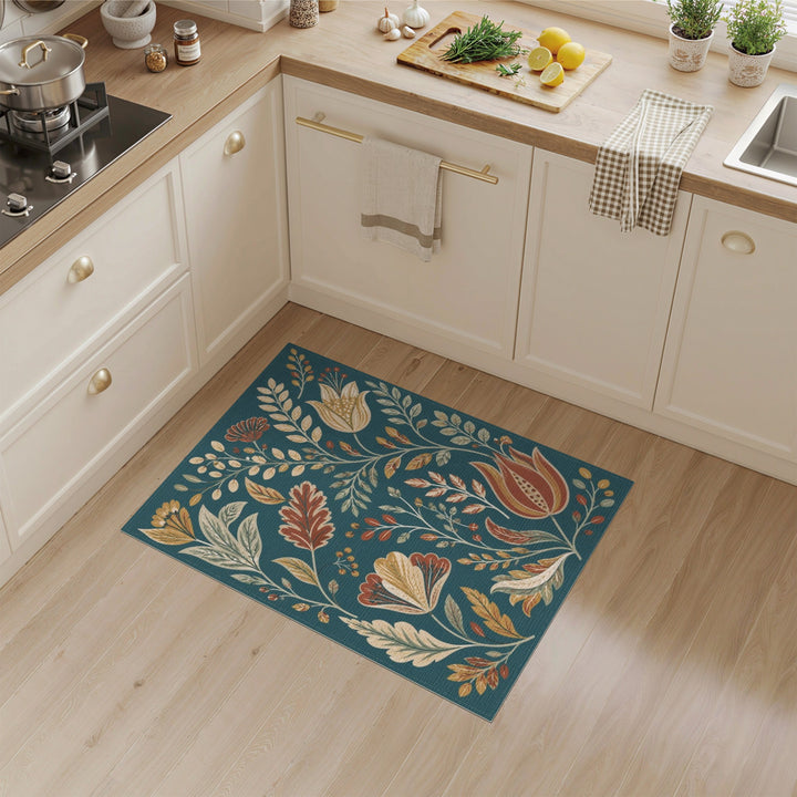 Teal Floral Vintage Washable Blue and Teal Area Rug
