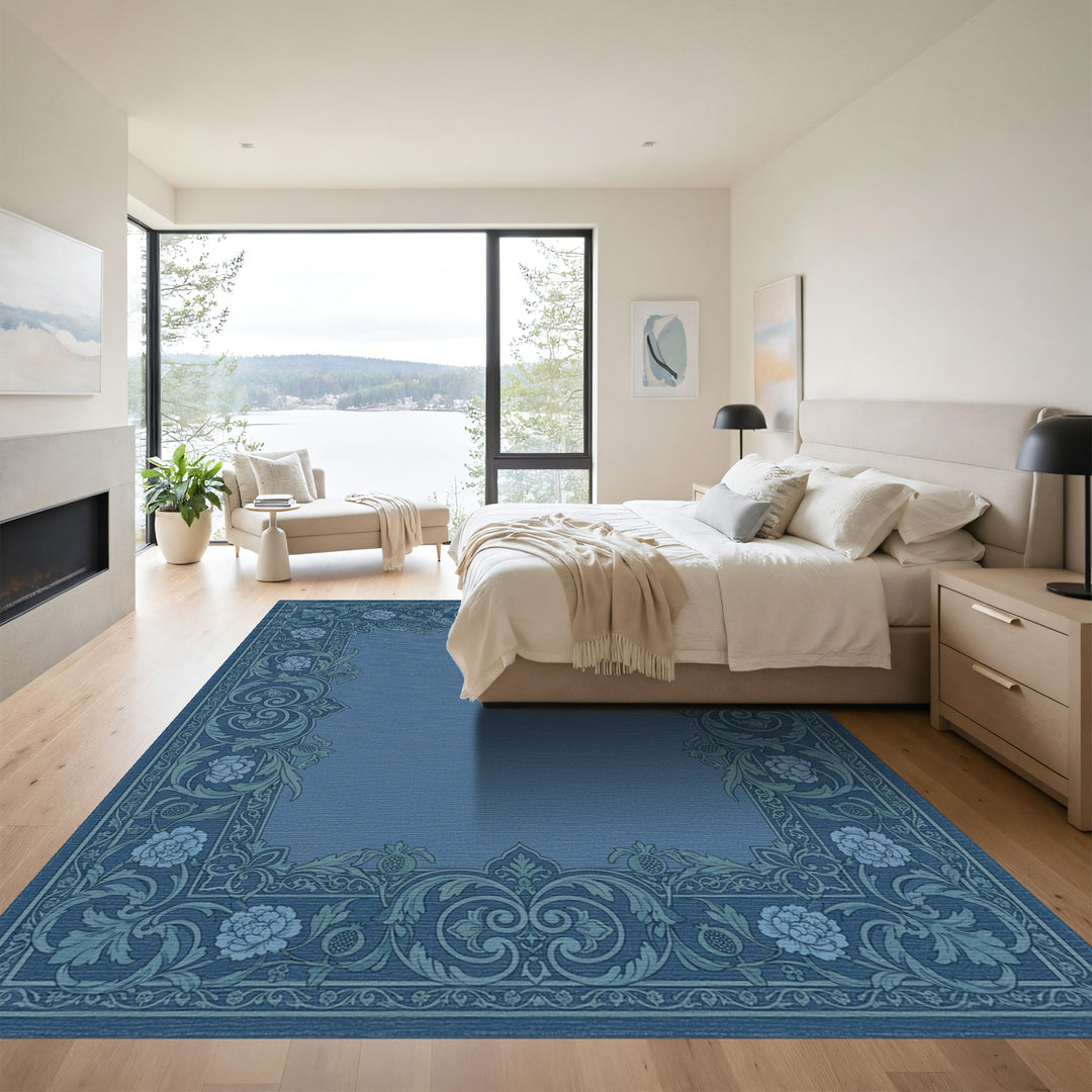 Deep Blue Floral Scroll Border Rug