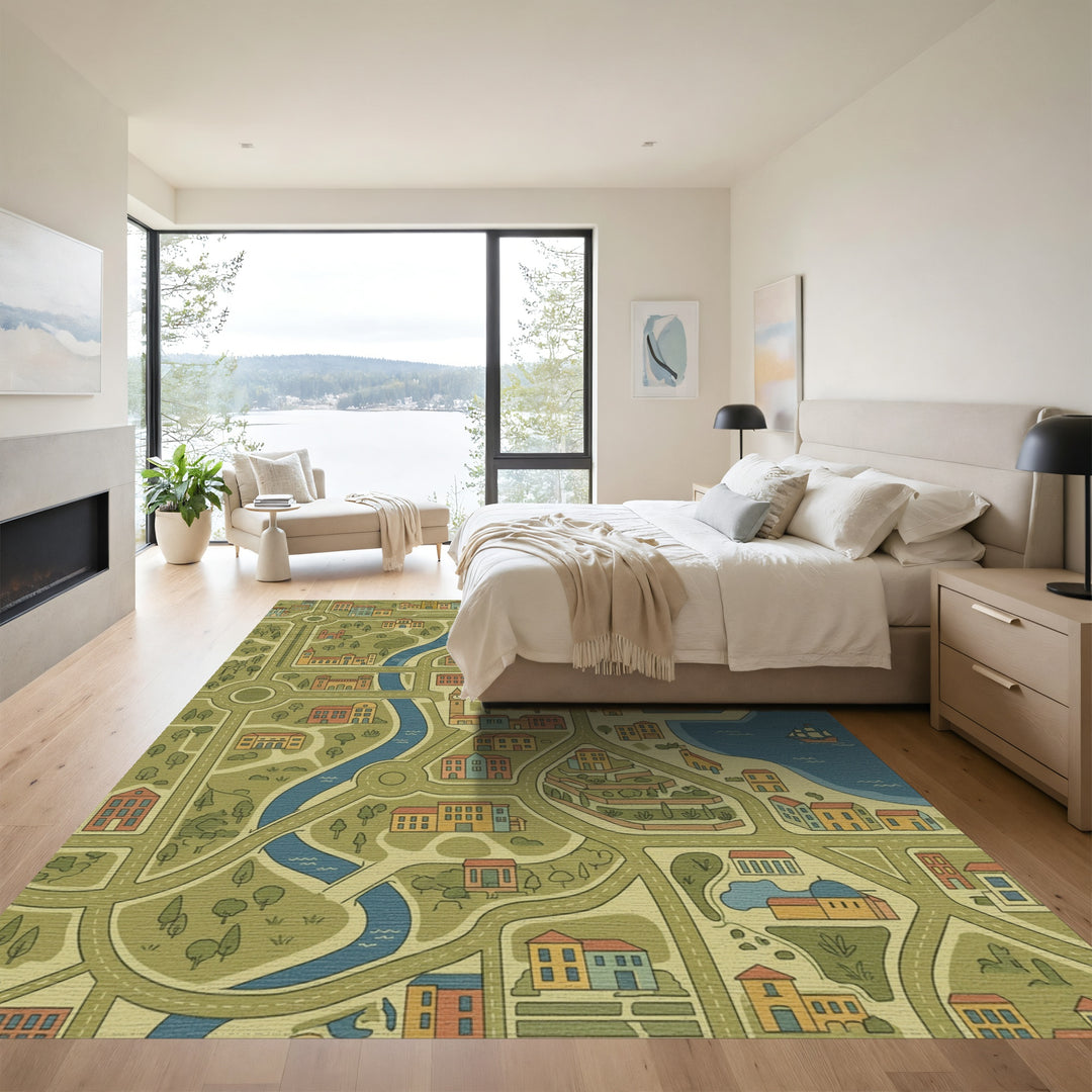 Whimsical Cityscape Map Buildings Rug