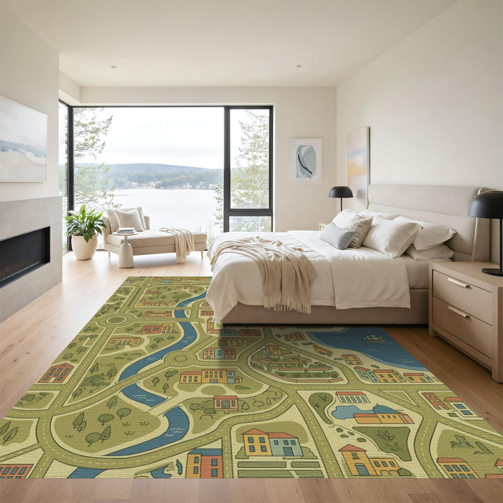 Whimsical Cityscape Map Buildings Rug