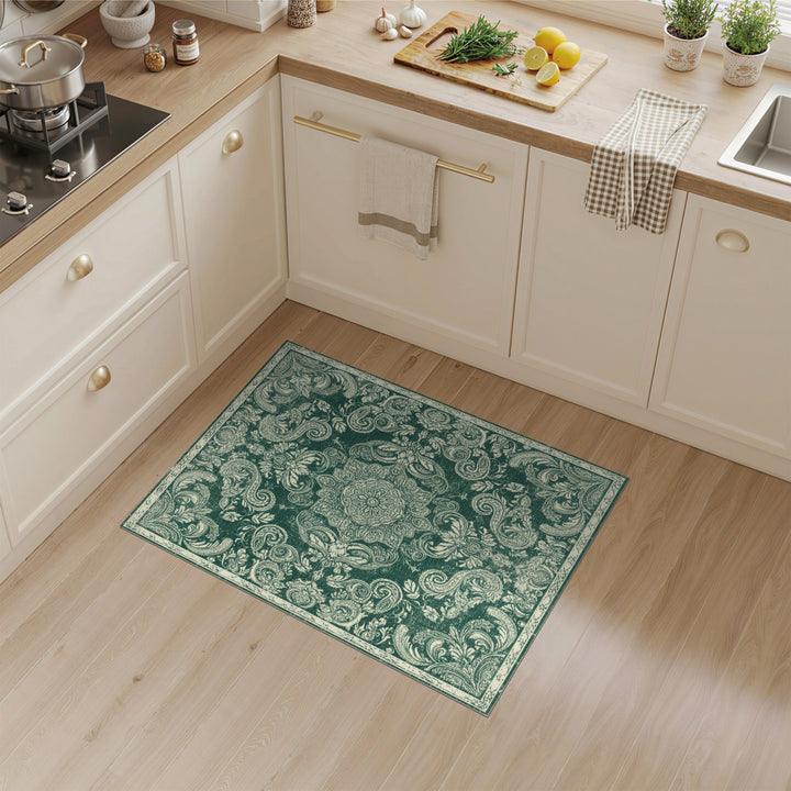 Green Floral Vintage Area Rug