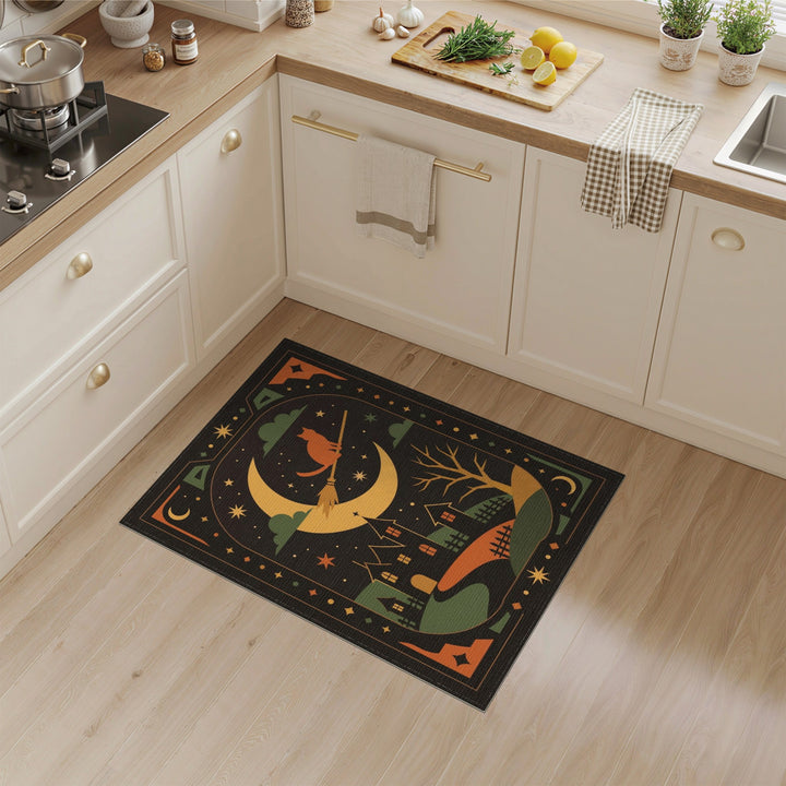 Witch Cat on Broom Halloween Area Rug