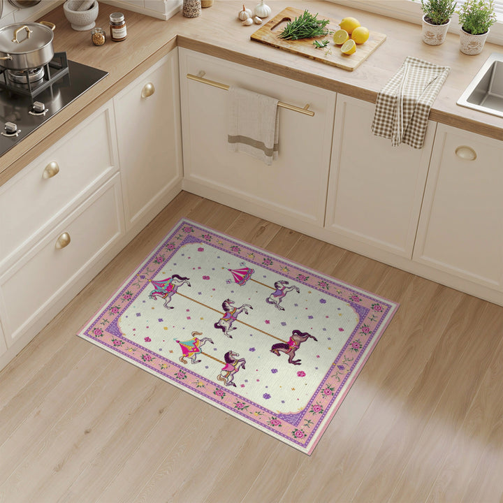 Kids Cartoon Pink Carousel Horse Kids Area Rug