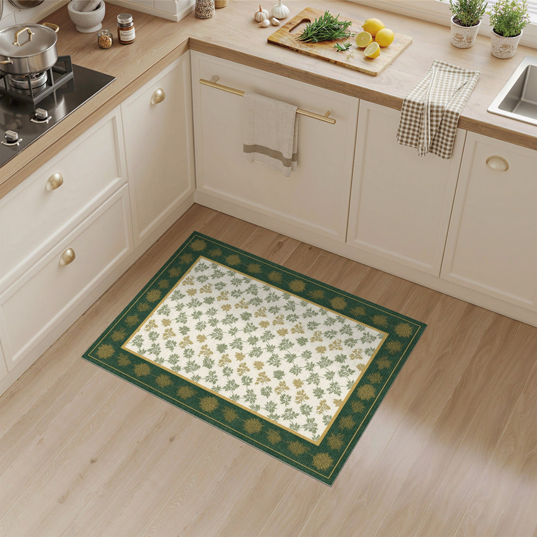 Green Leaf Vine Area Rug with Gold Border