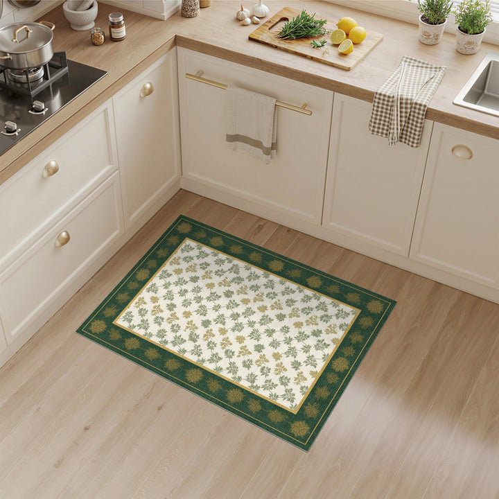 Green Leaf Vine Area Rug with Gold Border