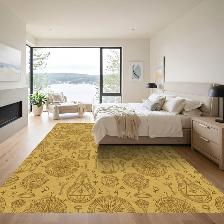 Golden Antique Astrolabe Compass Keys Rug