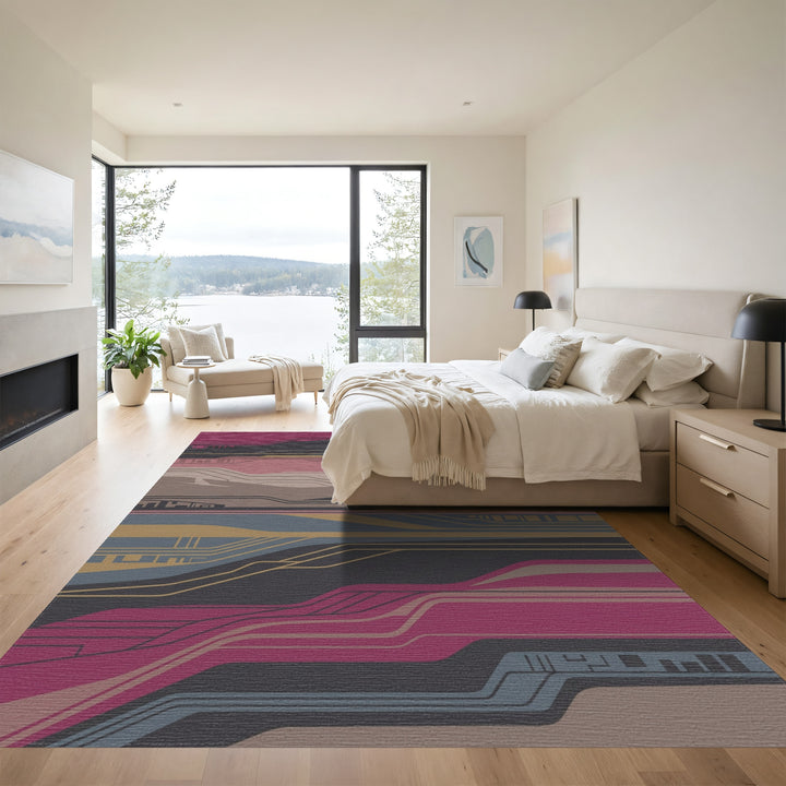 Modern Abstract Lines Magenta Blue Gold Rug