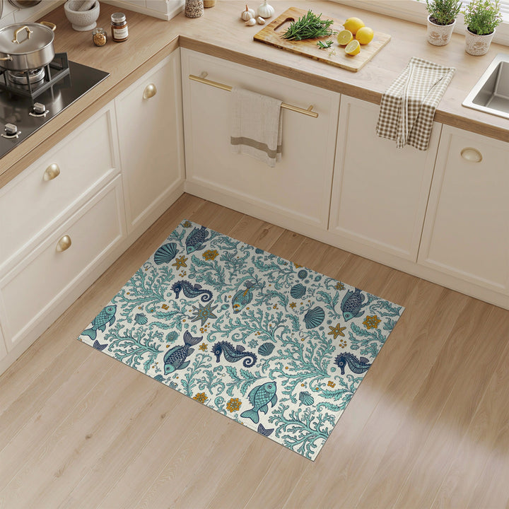 Blue Teal Seahorse Coastal Area Rug