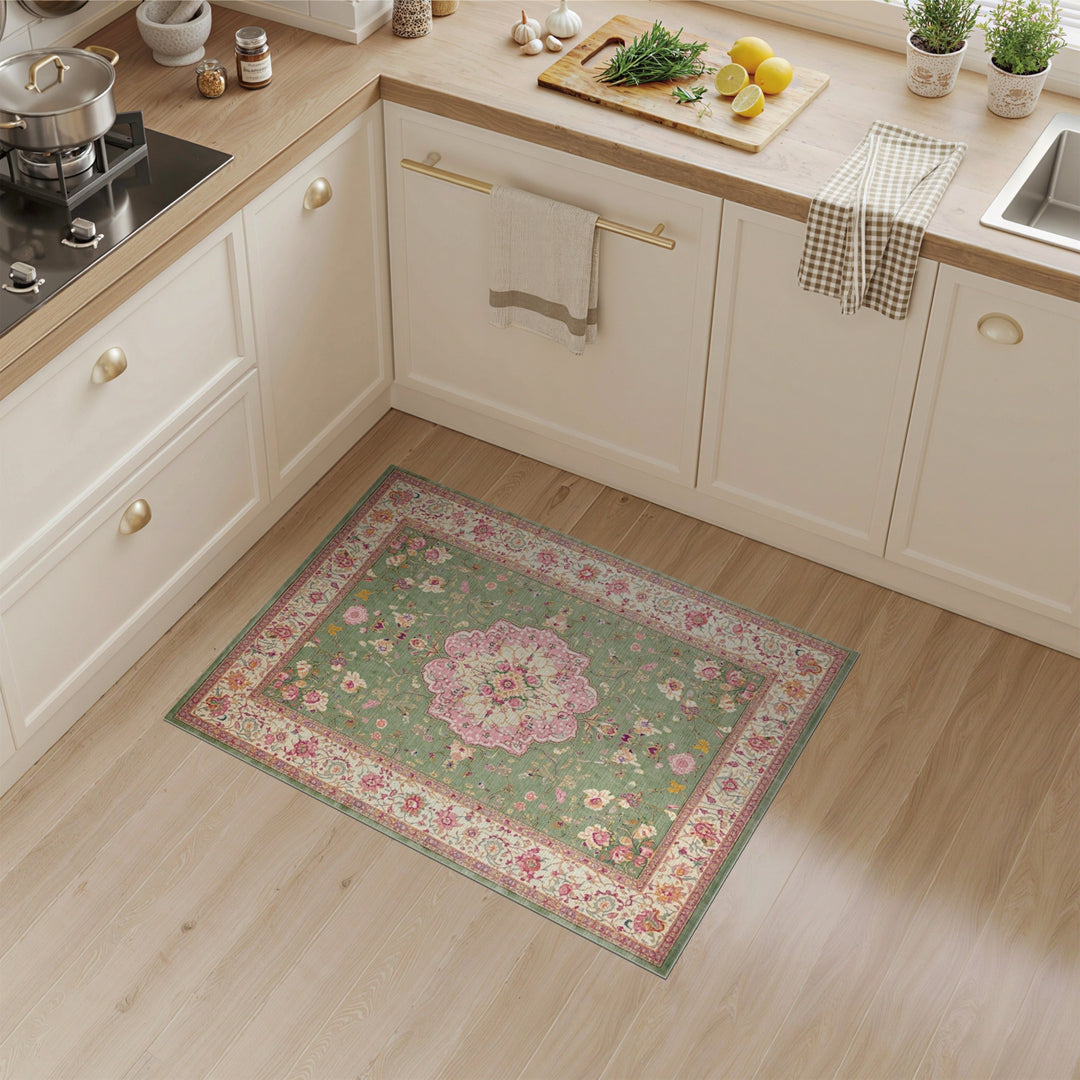 Green Floral Vintage Rug with Pink Medallion