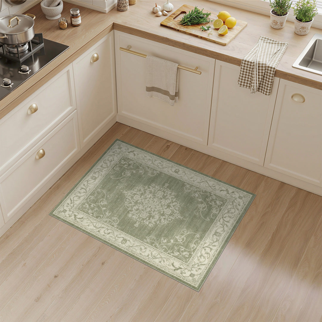 Green Distressed Vintage Floral Medallion Rug