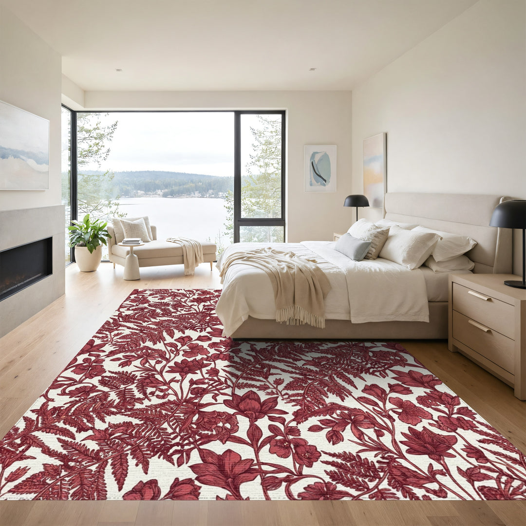 Dark Red Botanical Ferns and Flowers Rug