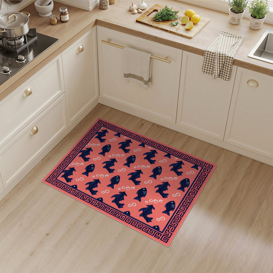 Coral Red Fish Area Rug with Navy Border