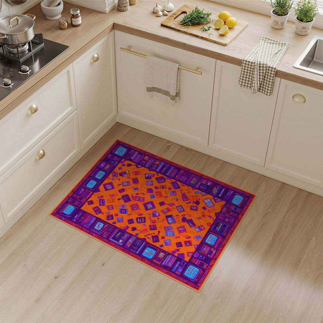 Orange Retro Tech Washable Area Rug