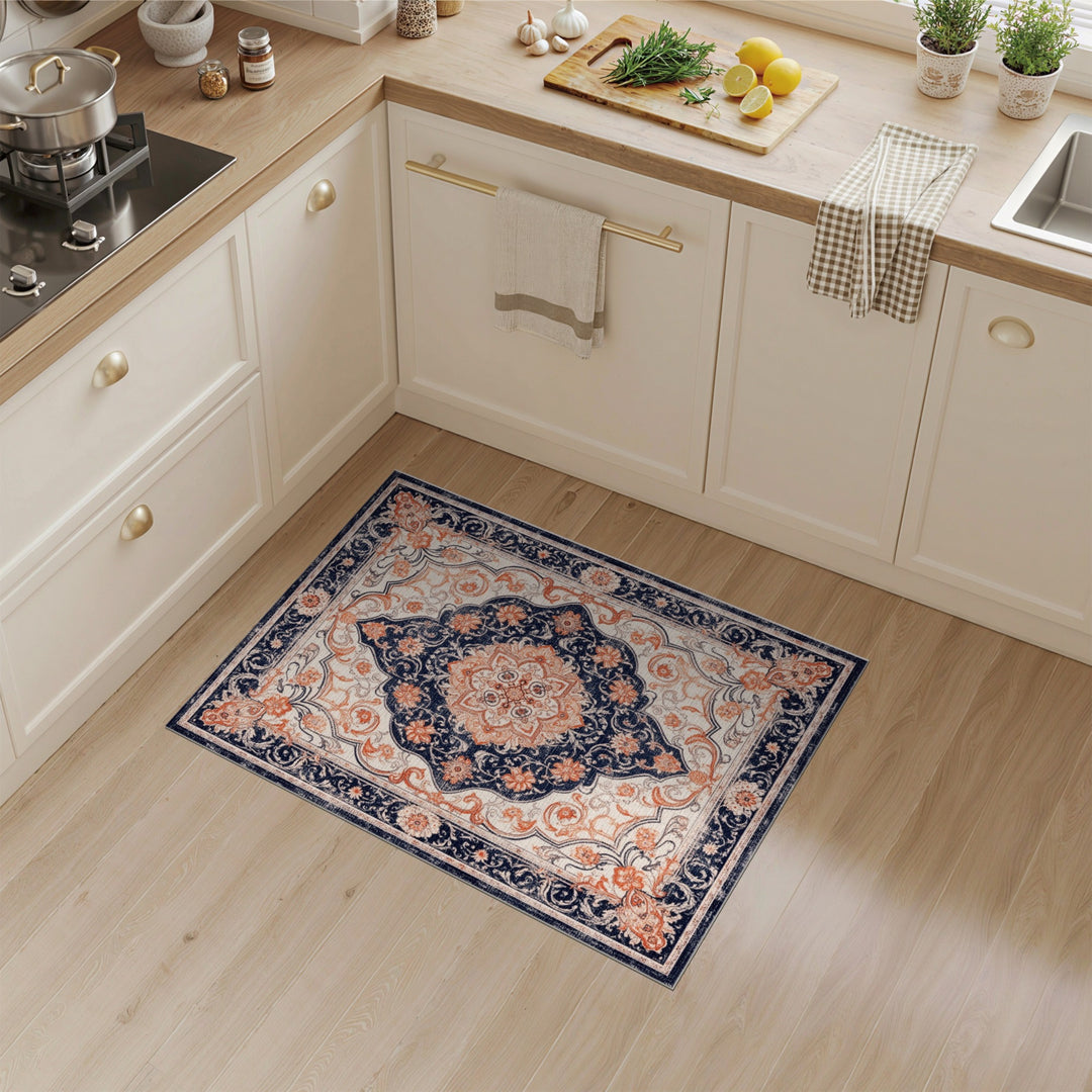 Navy Blue Coral Persian Medallion Area Rug