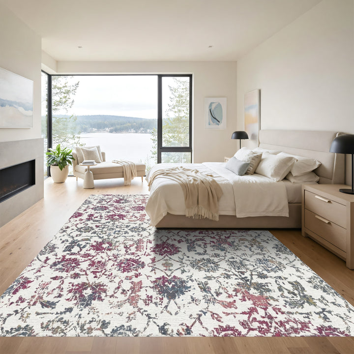 Distressed Purple Floral Scrollwork Rug