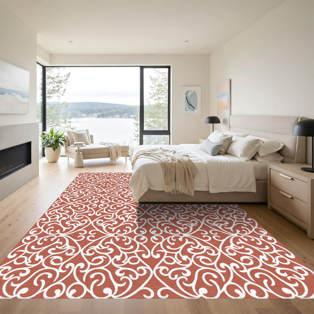 Terracotta White Intricate Swirl Arabesque Rug