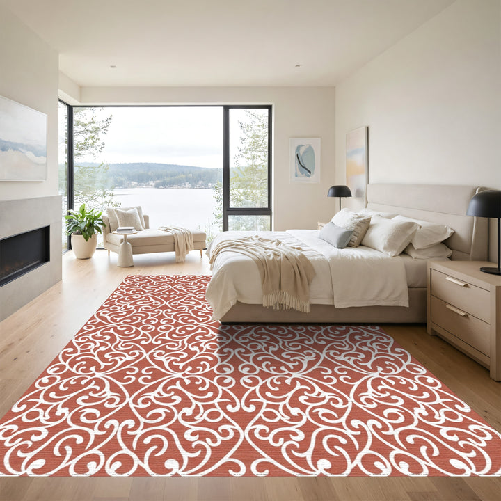 Terracotta White Intricate Swirl Arabesque Rug