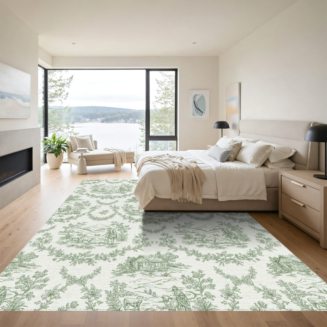 Green Pastoral Landscape Village Scene Rug