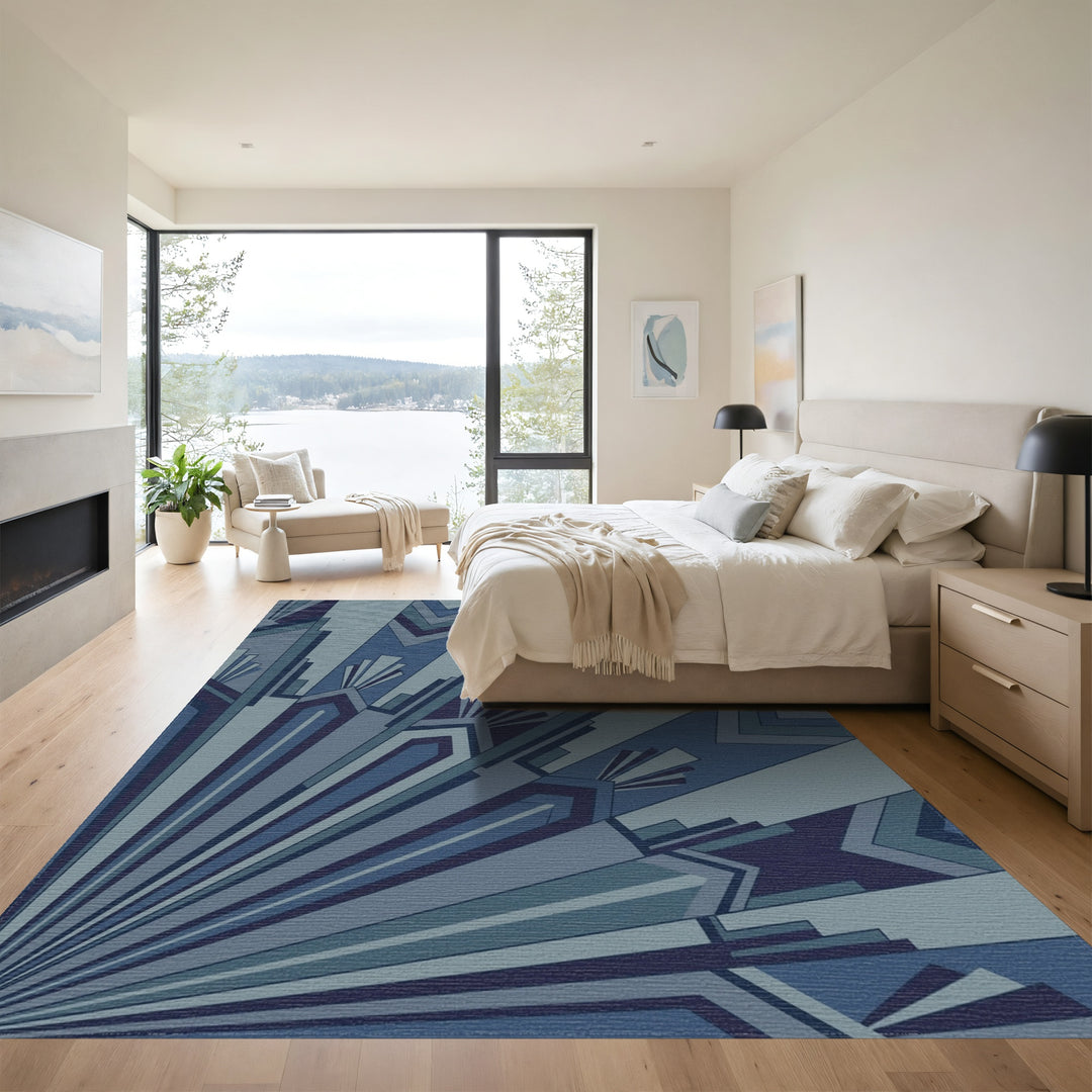 Art Deco Blue Sunburst Geometric Rug
