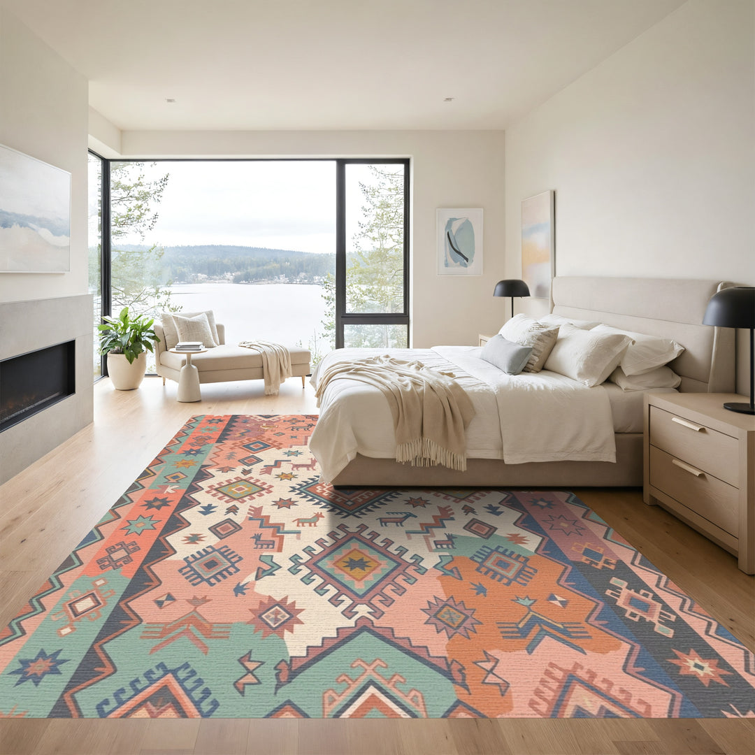 Terracotta Teal Geometric Animal Medallion Rug