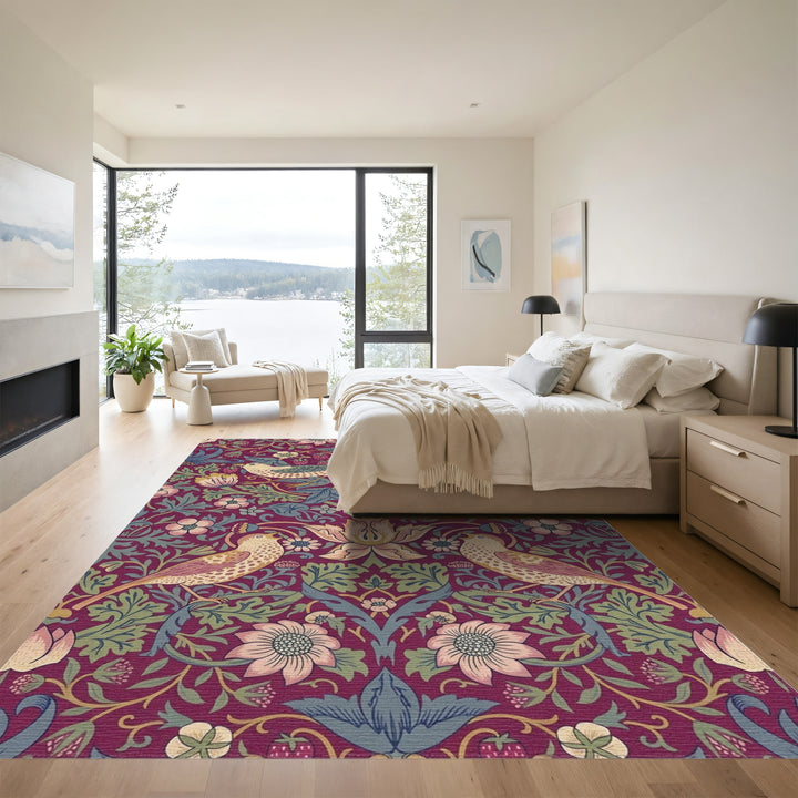 Burgundy Bird Strawberry Floral Tapestry Rug