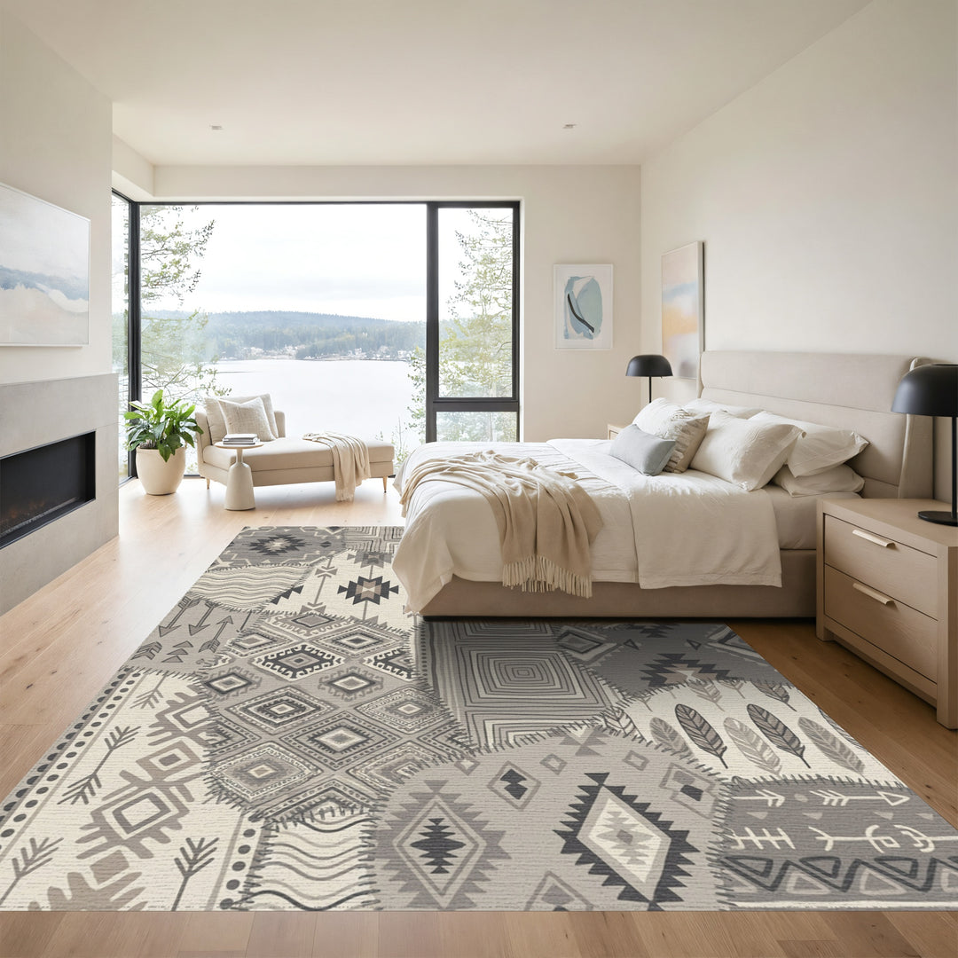 Neutral Patchwork Geometric Diamond Feather Rug