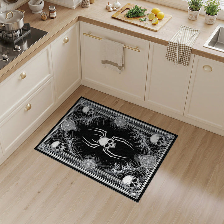Skull Spider Black White Washable Area Rug