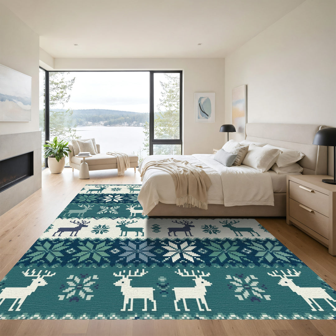 Nordic Teal Deer Snowflake Knit Rug