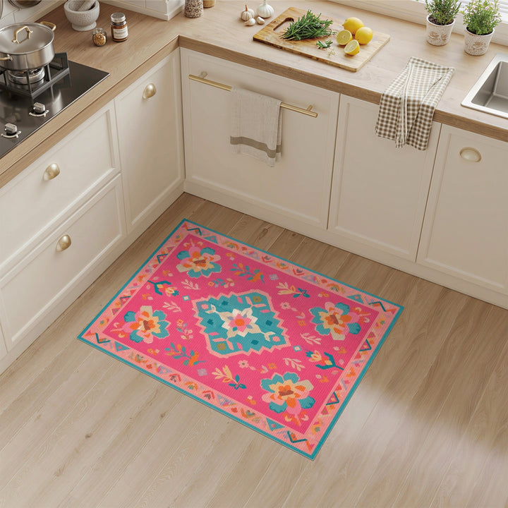 Pink Boho Floral Geometric Area Rug