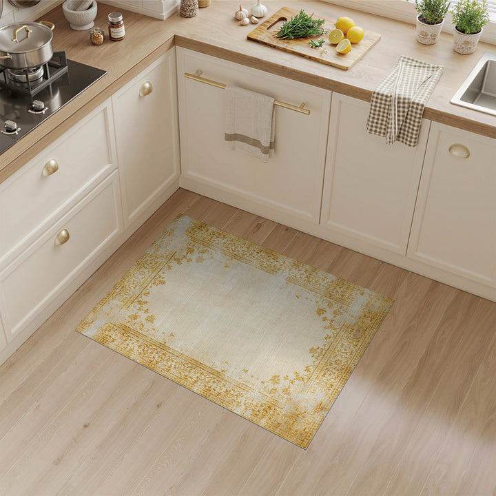 Beige and Neutral Beige Distressed Vintage Floral Area Rug