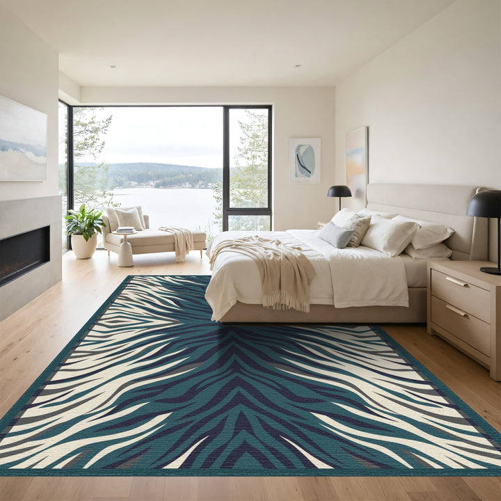 Deep Teal Zebra Stripe Symmetry Rug