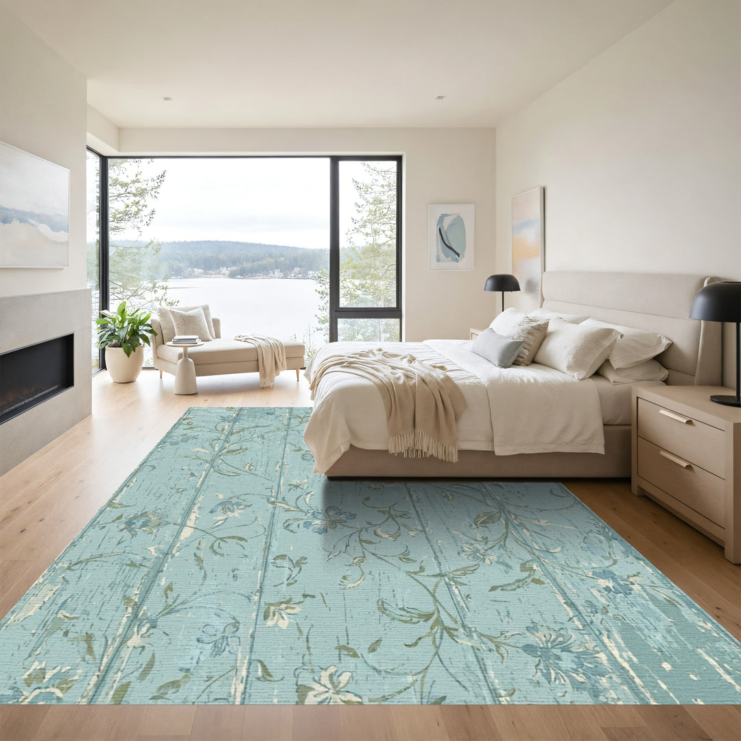 Distressed Aqua Floral Vine Wood Grain Rug