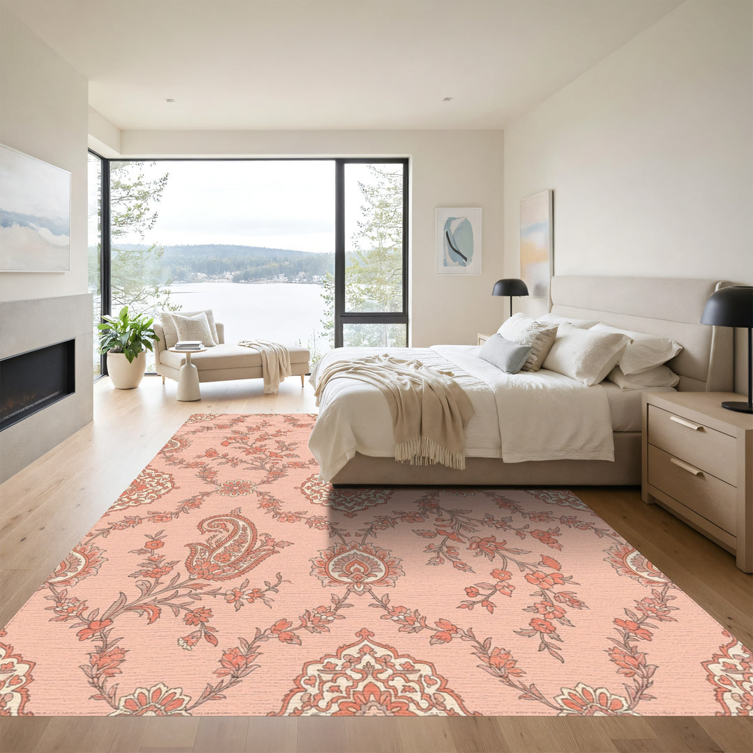Coral Pink Paisley Garden Medallion Rug