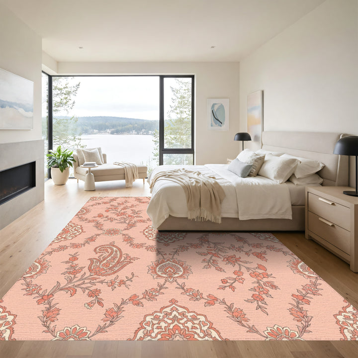 Coral Pink Paisley Garden Medallion Rug