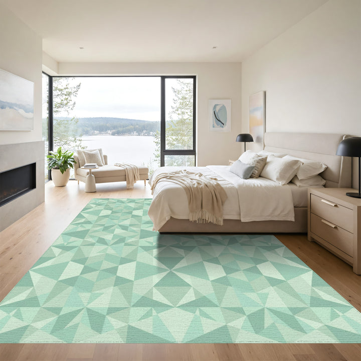Soft Teal Geometric Crystal Tiling Rug