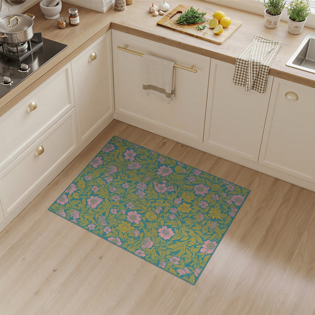 Teal Vintage Floral Washable Area Rug