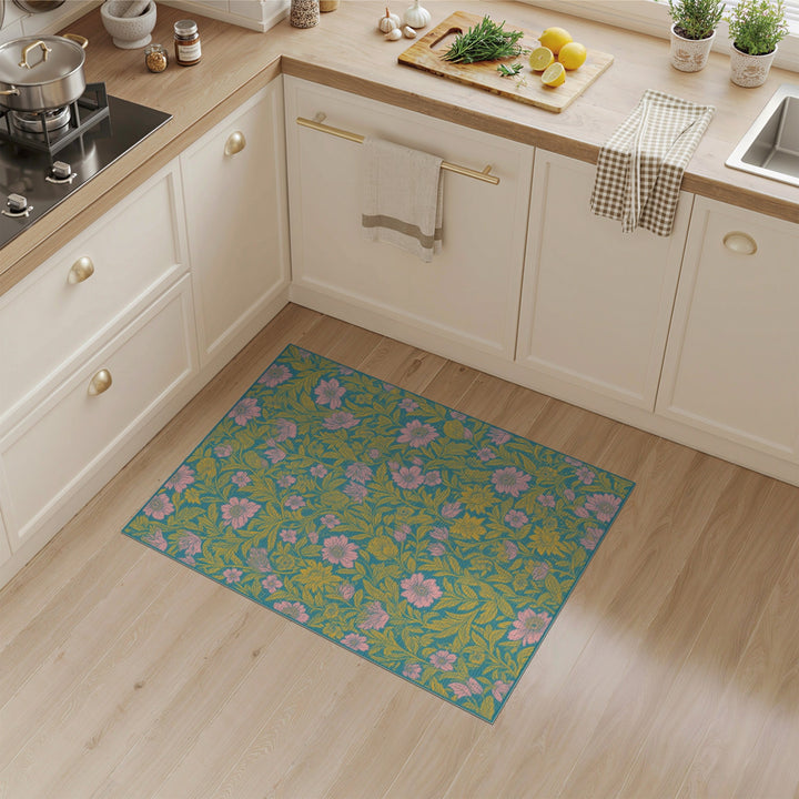 Teal Vintage Floral Washable Area Rug