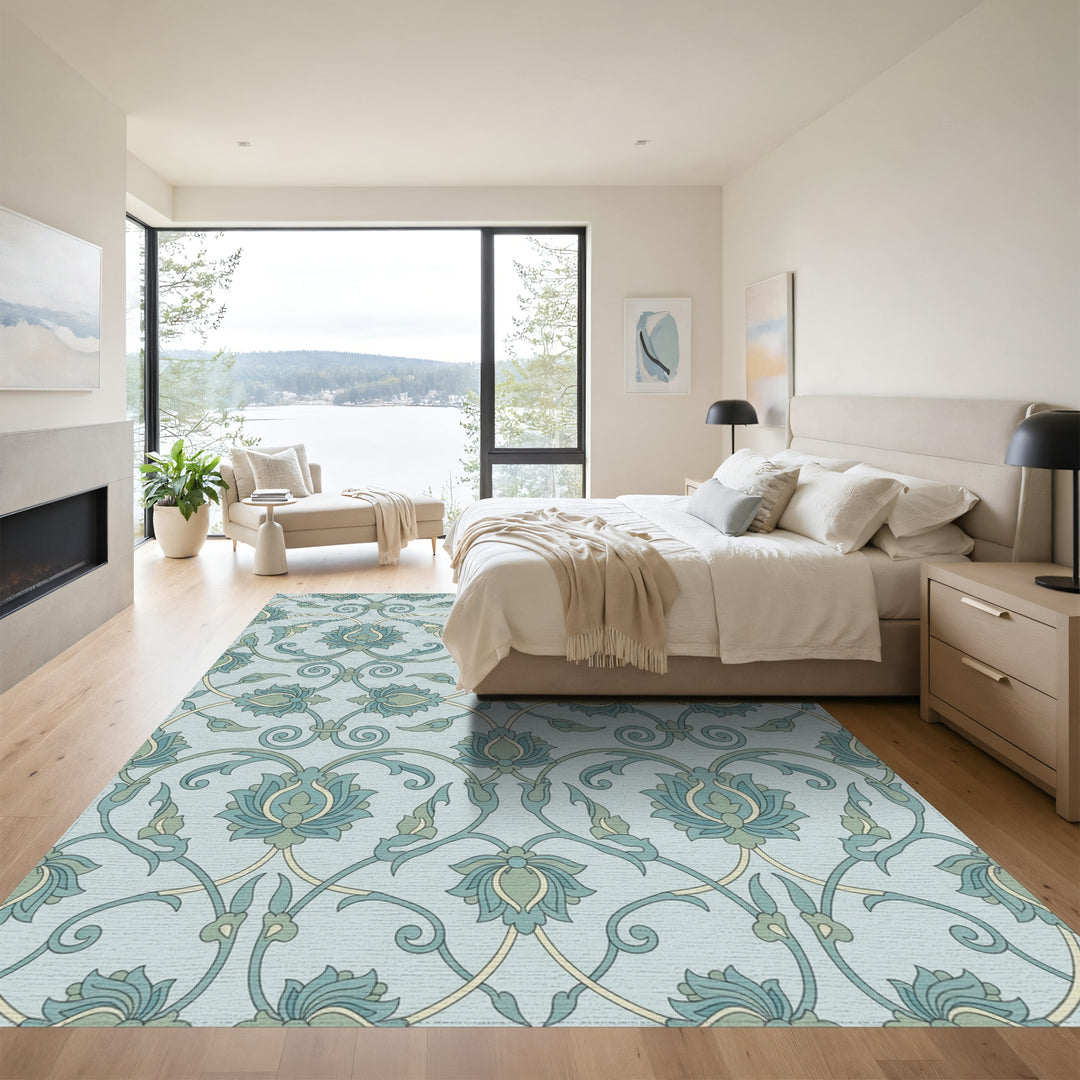 Serene Blue Green Floral Lattice Rug