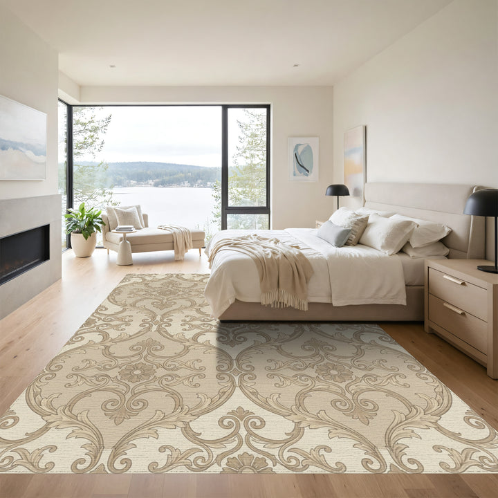 Vintage Beige Damask Floral Scroll Rug