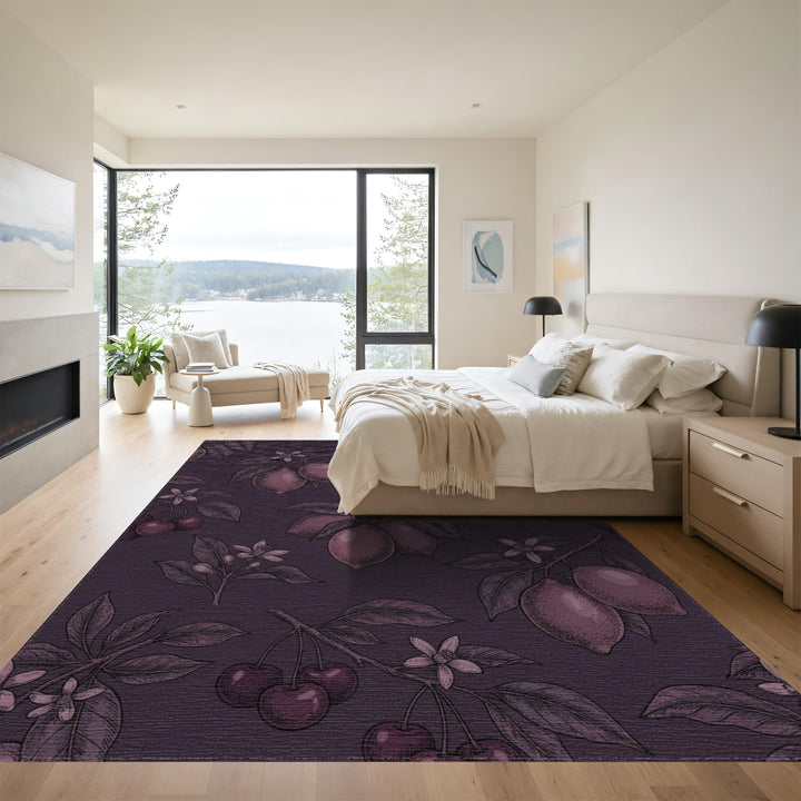 Dark Plum Cherry Lemon Botanical Illustration Rug