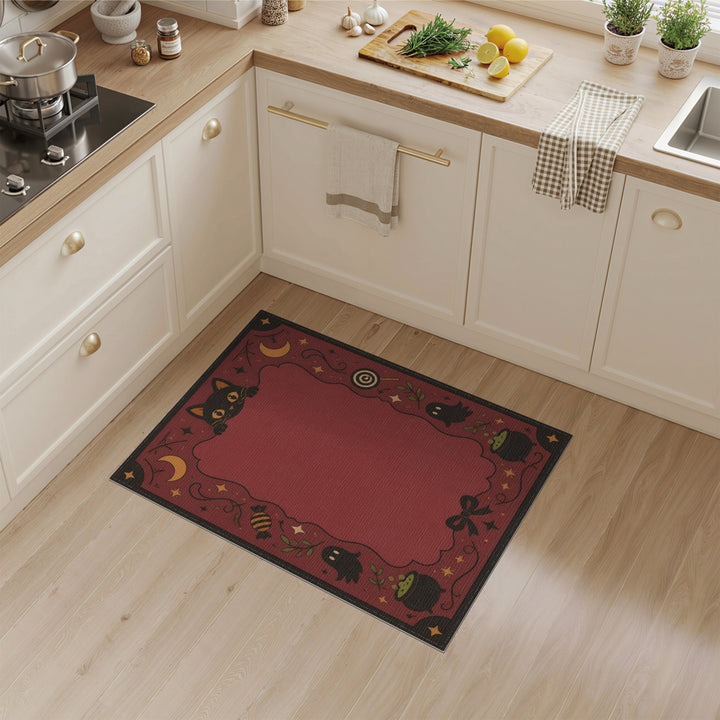 Halloween Black Cat Red Washable Area Rug